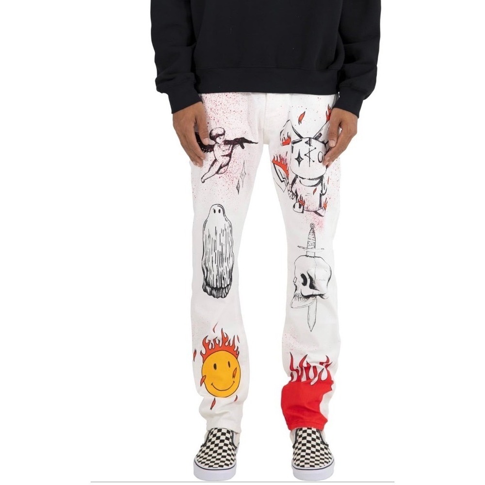 mnml D402 Handy Work Straight‎ Leg Graphic Jeans - White - Men's Size 40